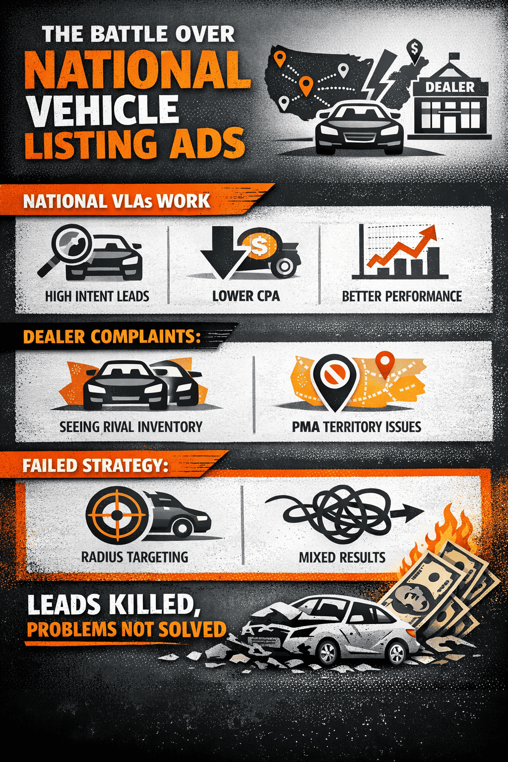Infographic illustrating the challenges of running national vehicle listing ads for automakers, including strong lead performance, dealer PMA conflicts, flawed radius targeting, and how dealer pressure killed a high-performing VLA strategy.
