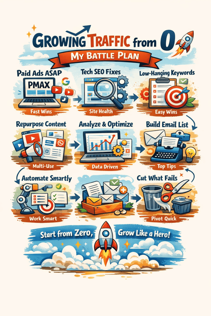 Colorful infographic illustrating a step-by-step digital marketing strategy to grow traffic from 0, featuring icons for PMAX paid ads, technical SEO fixes, keyword targeting, content repurposing, analytics optimization, email list building, automation, and fast pivots for growth.